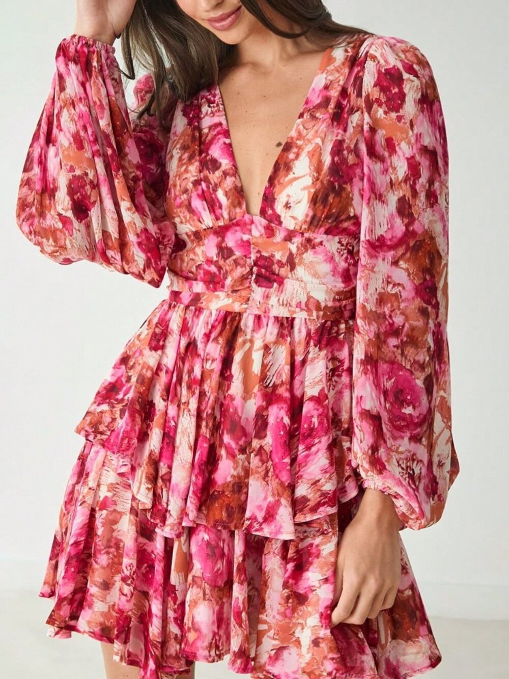 Hot Pink Boho Women's V-Neck Long Sleeve Floral Allover Print Short Casual Dress - Picture 9 of 10